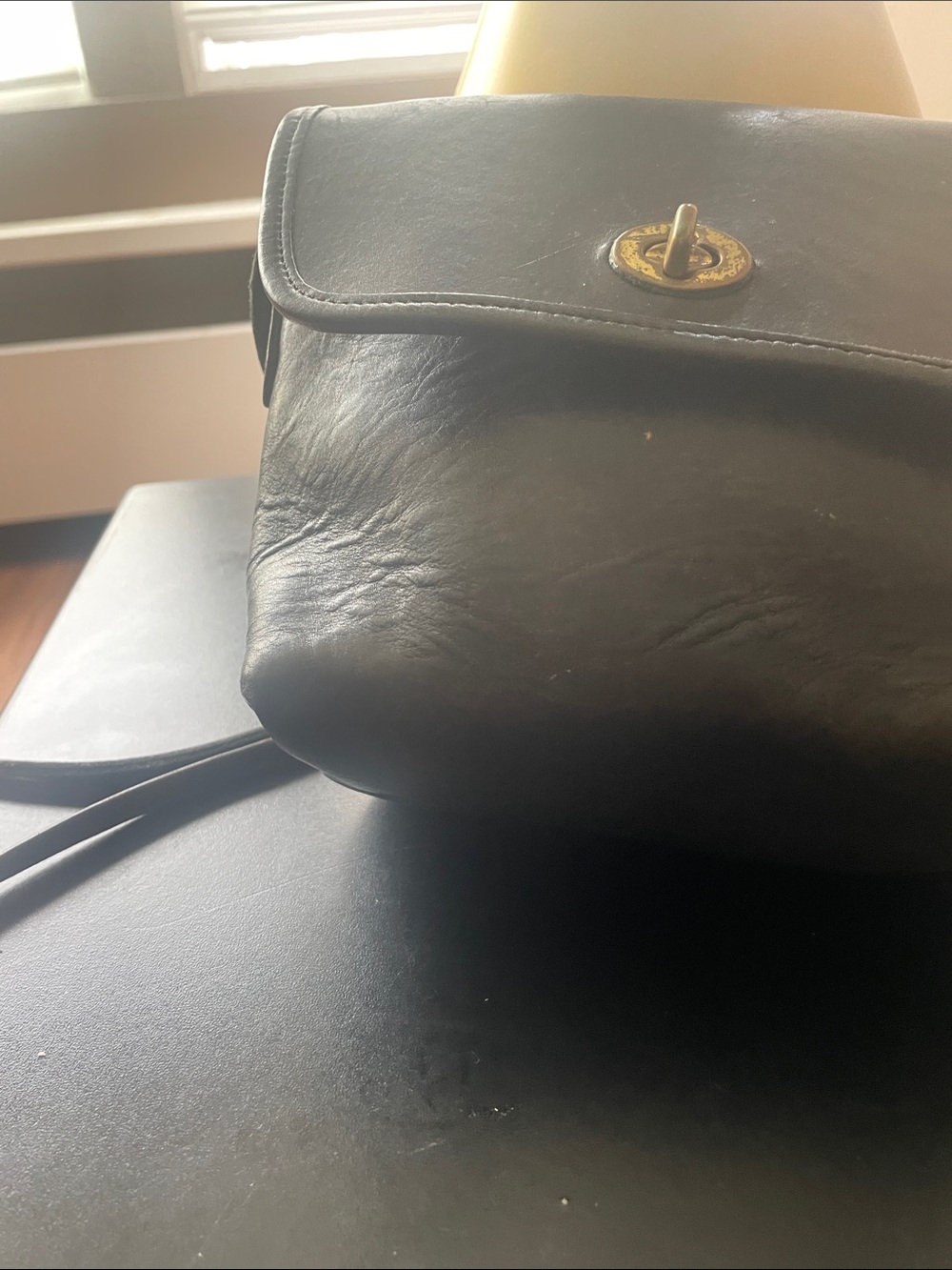Coach Black Leather Turn-Lock Messenger Bag